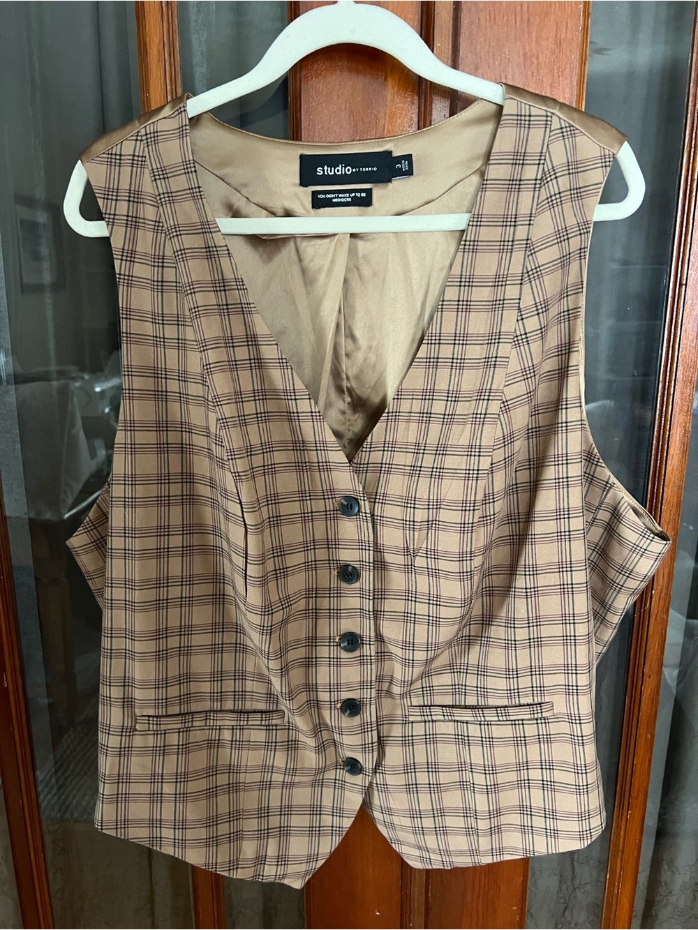 Studio by Torrid Satin-Look Camel Plaid Vest